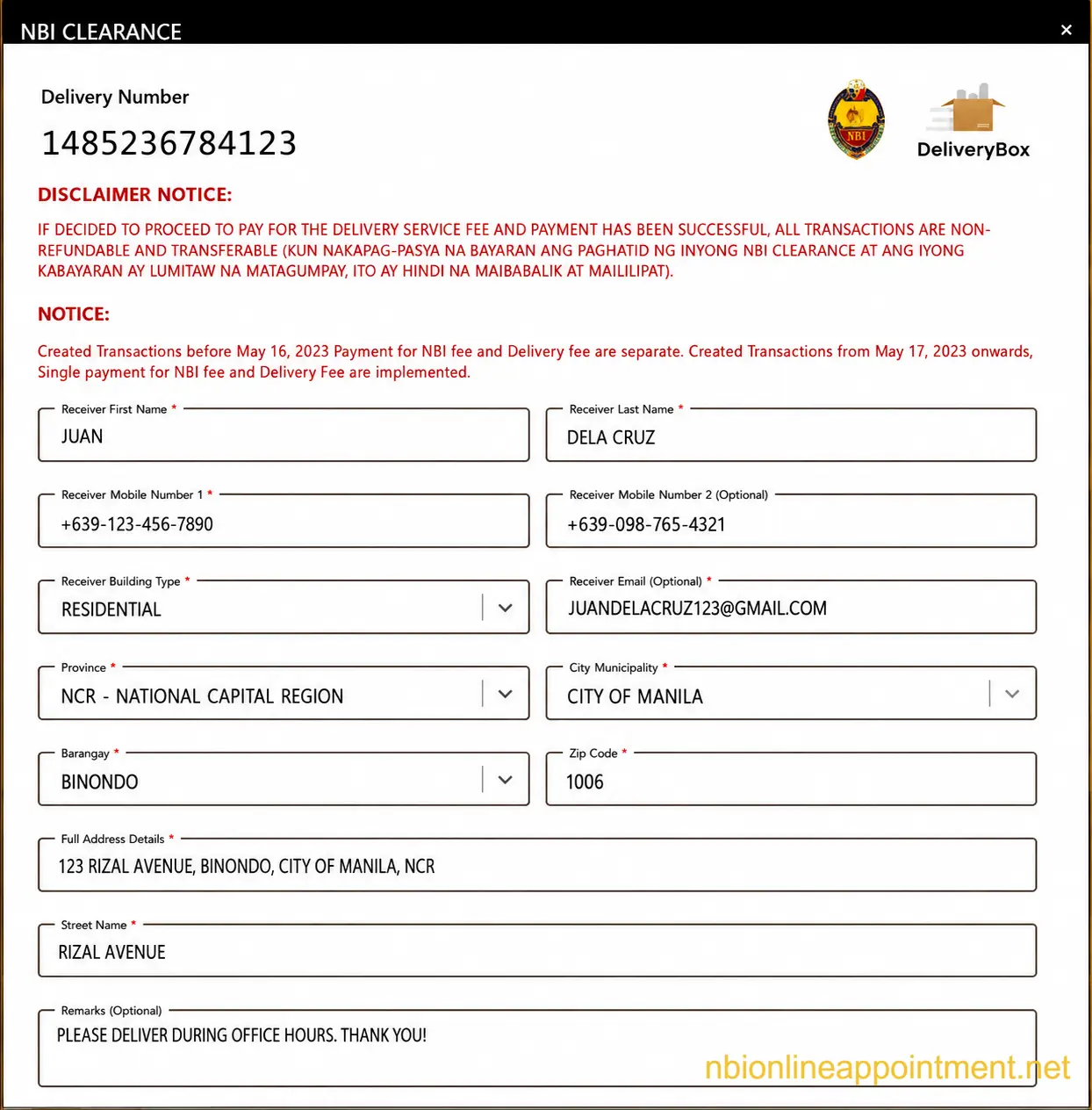 NBI Clearance  Renewal Delivery information form